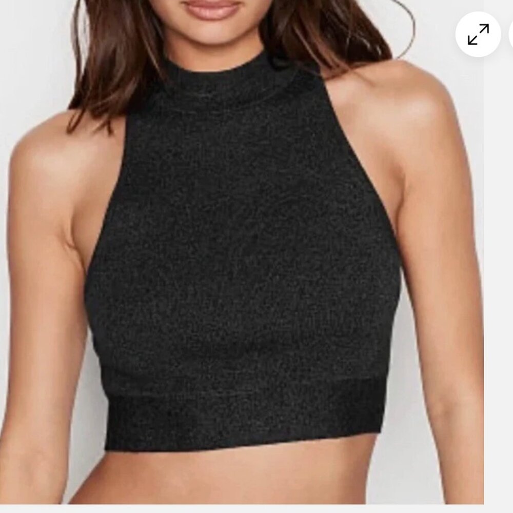 NWOT/EUC Victoria’s Secret High Neck Hook & Eye Grey Charcoal Knit Crop Top